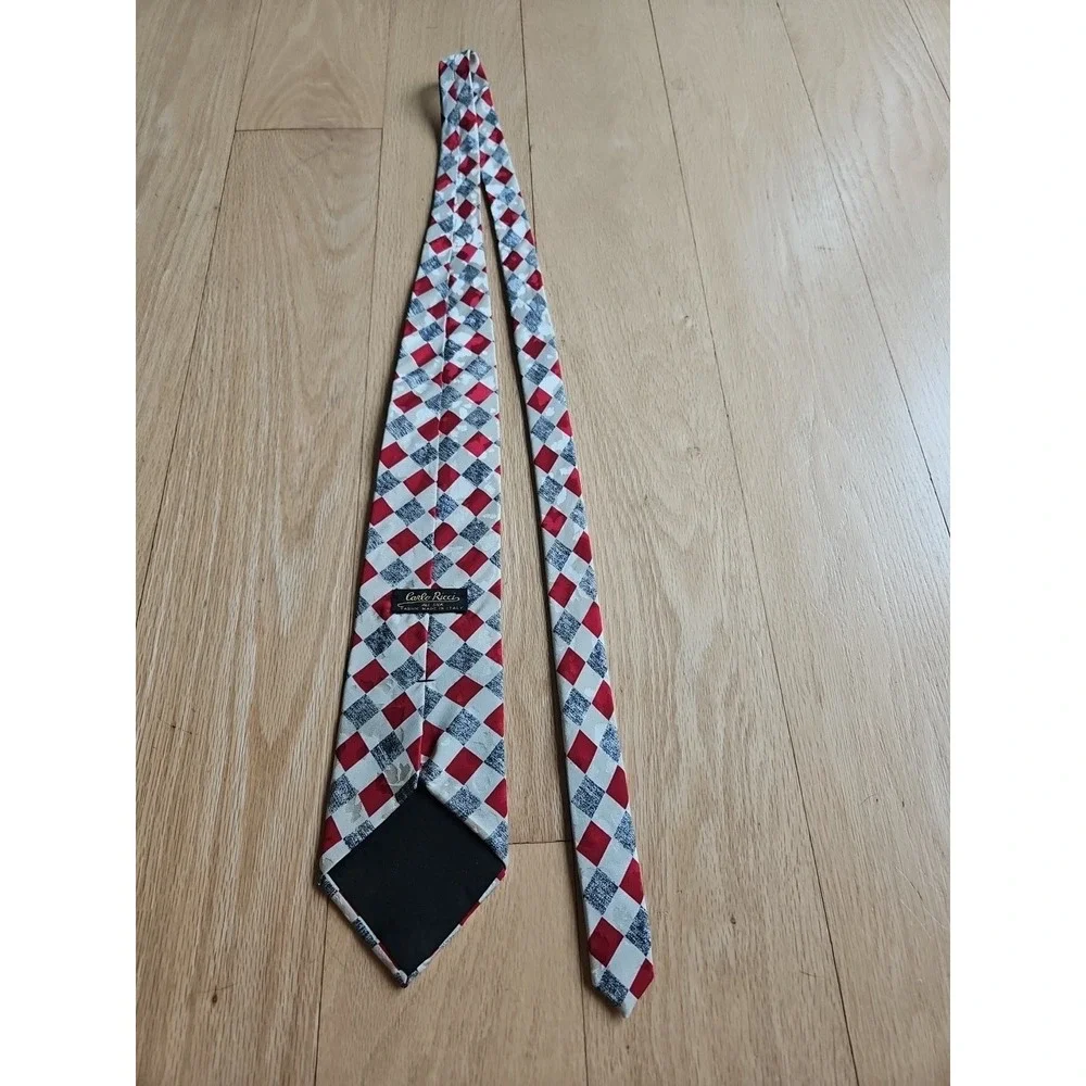 Carlo Ricci Mens Silk Tie Red Cream Grey Harlequin Diamond Pattern Made in Italy